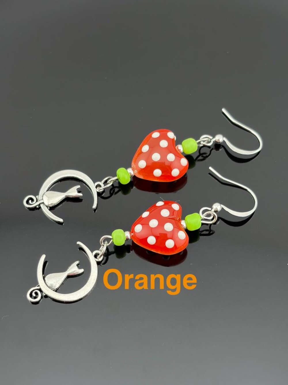 Cat On Moon Polka Dot ORANGE Heart Glass Bead Handmade Earrings LR242